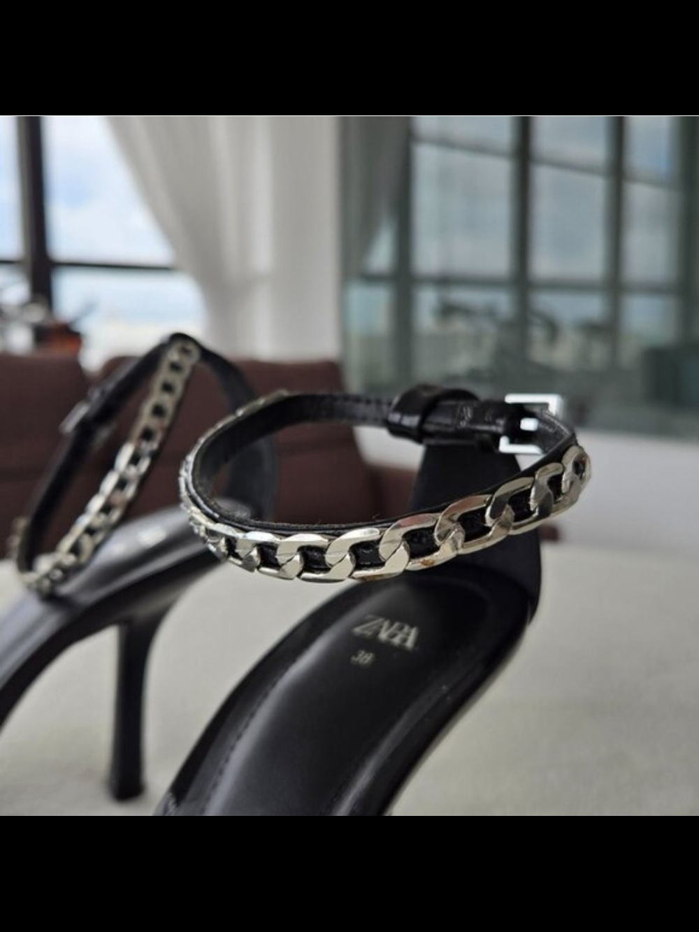 Zara Black Patent Chain-Strap Heeled Sandals — Sz 38 (US 7.5/8) - Picture 6 of 15
